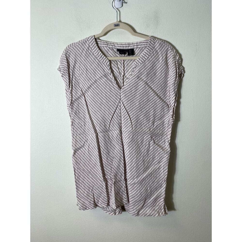 Tahari Purple /White Striped Sleeveless Linen Blouse Sz L
